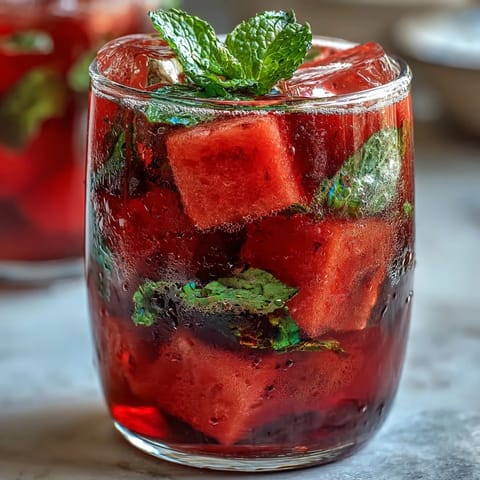 Vibrant glass pitcher filled with chilled watermelon and fresh mint-infused water, garnished with extra mint sprigs for a bright brunch table.