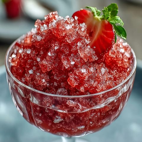 Fluffy strawberry-lime granita with a hint of rum, garnished with mint and fresh berries in chilled dessert cups.  