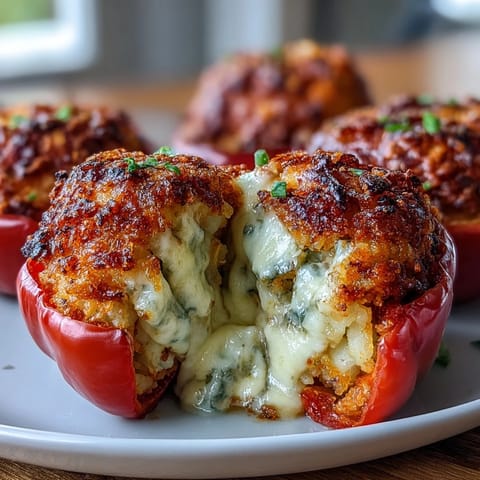 Creamy funeral potatoes stuffed inside vibrant bell peppers, topped with buttery cornflake crunch for a comforting vegetarian main dish.