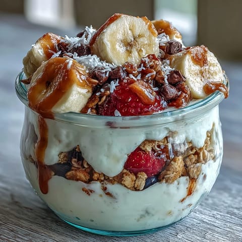Wholesome banana split breakfast jar with Greek yogurt, ripe banana, strawberries, blueberries, and a sprinkle of chocolate chips.