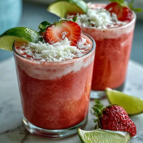 A vibrant strawberry coconut daiquiri smoothie in a tall glass, garnished with fresh strawberry slices and shredded coconut.  