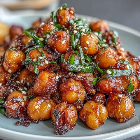 Golden roasted chickpeas tossed in spicy chili garlic sauce atop fragrant jasmine rice.  