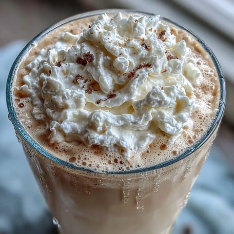 Creamy vanilla bean frappuccino protein shake with Greek yogurt, topped with whipped cream and vanilla bean specks.  