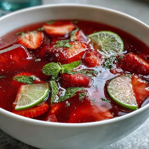 A vibrant punch bowl filled with fresh strawberries, lime slices, and sparkling daiquiri mix, garnished with mint and ready to serve.