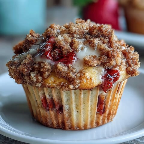 Golden strawberry muffins with buttery crumble topping, fresh berries bursting from tender, fluffy centers.  