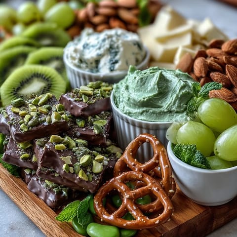 Celebrate St. Patrick's Day with a colorful snack platter featuring green grapes, kiwi, and minty sweets.  