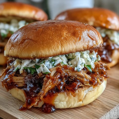 Slow-cooked tender pork piled high on soft slider buns, topped with creamy coleslaw for a crowd-pleasing appetizer.  