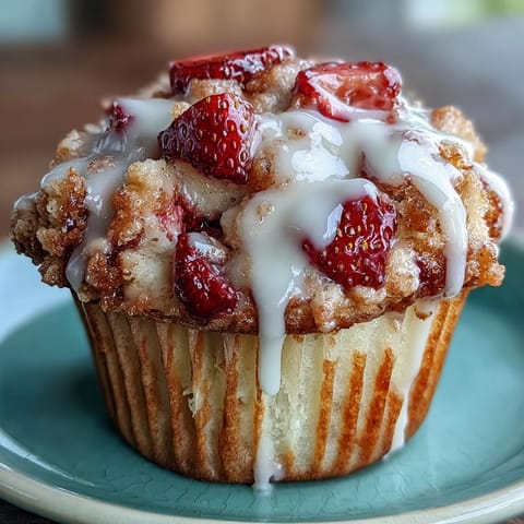 Golden strawberry muffins with juicy fruit and a glossy lemon glaze, perfect for breakfast or dessert.  