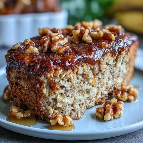 Moist and naturally sweet high-protein banana bread baked oats topped with chopped walnuts for added crunch and nutrition.  