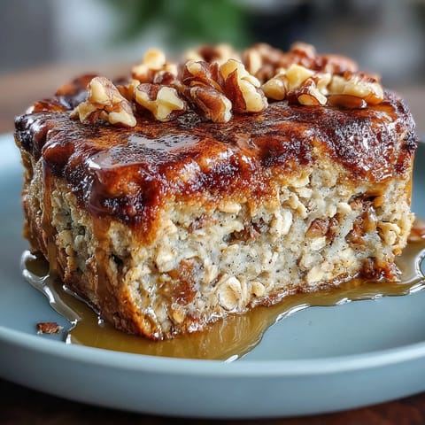 High-protein banana bread baked oats with ripe bananas and cinnamon, perfect for a healthy breakfast or post-workout snack.  