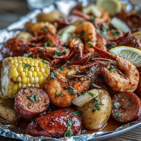 A vibrant foil packet filled with spicy crawfish, sweet corn, baby potatoes, and sausage, grilled to smoky perfection.  
