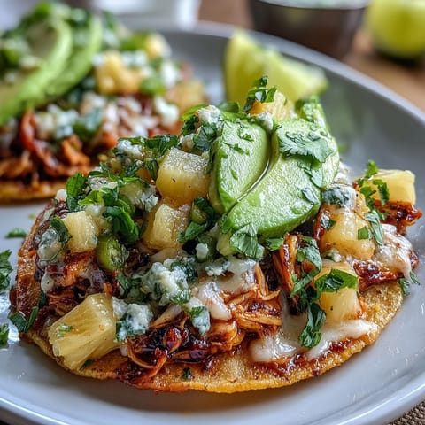 Crispy tostadas layered with juicy shredded chicken, fresh pineapple salsa, and creamy avocado slices.  