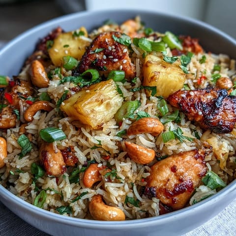 Vibrant pineapple chicken fried rice with juicy pineapple chunks, tender chicken, crunchy cashews, and colorful veggies in a savory sauce.