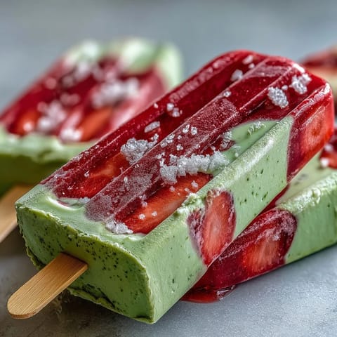 Delicious homemade popsicles featuring sweet strawberries and earthy matcha, swirled together for a stunning visual treat.