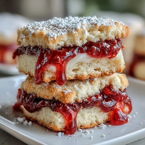 Elegant clotted cream shortbread cookies with tangy raspberry filling, perfect for an indulgent teatime treat.