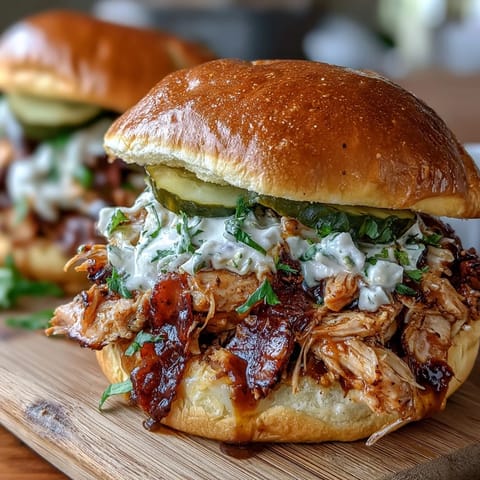 2. Tender shredded chicken slow-cooked with ranch seasoning and butter, served on brioche buns with crisp dill pickle slices.