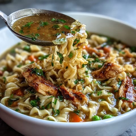 Hearty Chicken Run One-Pot Chicken Noodle Soup with tender chicken, colorful veggies, and noodles in a savory broth.  