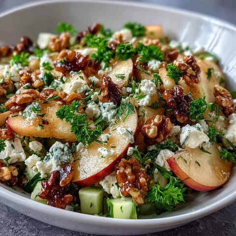 Crisp celery and apple slices tossed with toasted walnuts and creamy feta in a light, zesty vinaigrette for a refreshing salad.