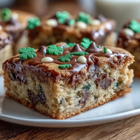 Lucky Clover St. Patricks Day Cookie Bars with green sprinkles and chocolate chips on a festive platter.