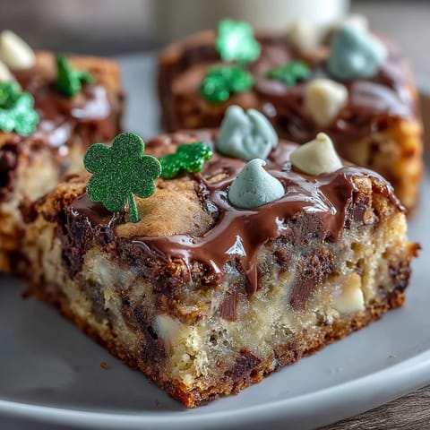 Chewy Lucky Clover St. Patricks Day Cookie Bars loaded with chocolate chips and colorful green sprinkles.