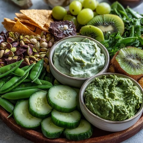 Vibrant St. Patricks Day treats board featuring fresh green vegetables, dips, and snacks arranged artfully for festive gatherings.  