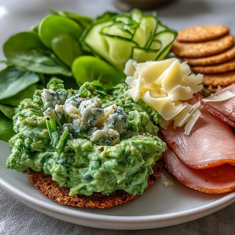 Kid-friendly green eggs and ham snack plate with crackers, spinach, and cucumber for a playful, nutritious treat.