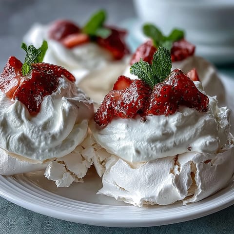 Delicate, crisp mini pavlovas with strawberries and cream, perfect for spring celebrations.