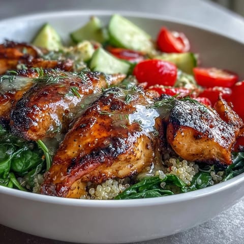 Juicy grilled chicken and fresh veggies served over quinoa, drizzled with bright lemon vinaigrette for a healthy bowl.