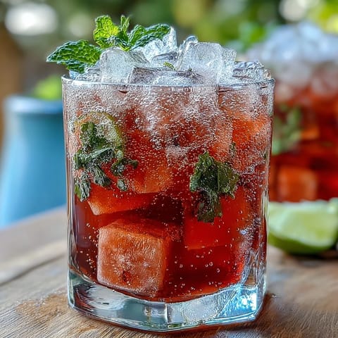 Refreshing watermelon lime sparkling punch with juicy fruit and zesty citrus, served over ice with mint garnish.