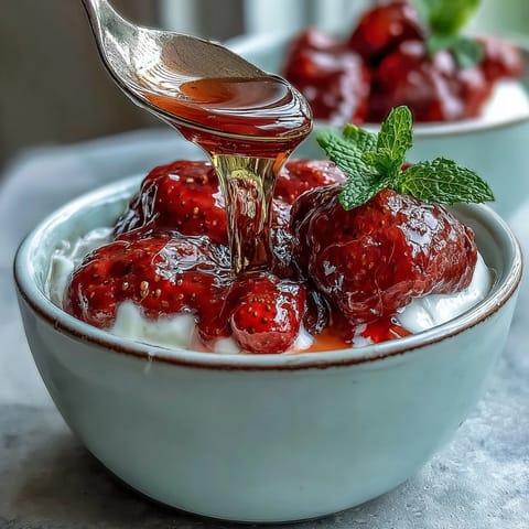 Strawberry compote with Greek yogurt, a vibrant breakfast parfait topped with fresh mint.