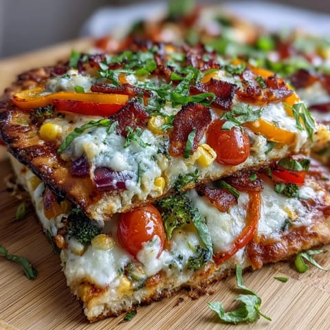 St. Patrick's Day Rainbow Veggie Flatbread Pizza with colorful peppers and broccoli arranged in a festive rainbow pattern.