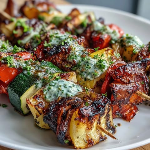 Vibrant summer grilled veggie skewers with chimichurri sauce, showcasing colorful vegetables charred to smoky perfection.  
