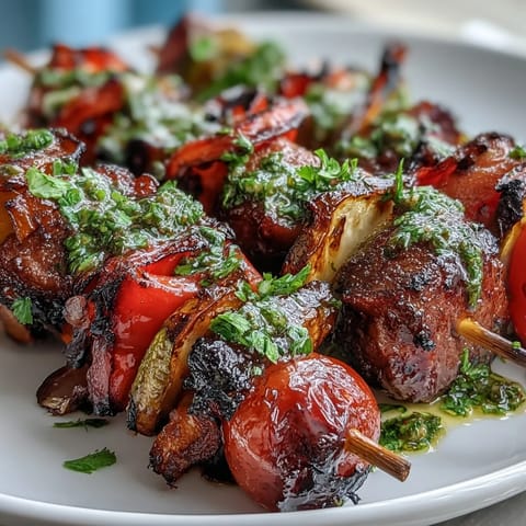 Freshly grilled vegetable skewers drizzled with bright, herby chimichurri, served on a rustic platter for summer dining.  