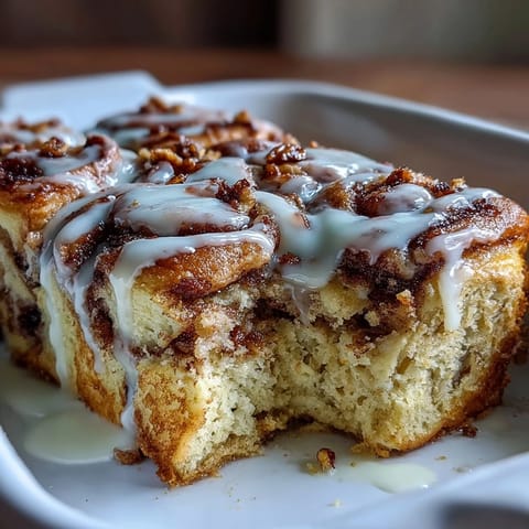 Decadent cinnamon roll pancake casserole with cream cheese glaze, swirled with cinnamon sugar and baked until golden and fluffy.