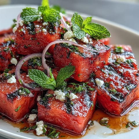 Grilled Watermelon Salad with Feta and Mint—sweet grilled watermelon, creamy feta, and fresh mint create a vibrant, refreshing summer dish.