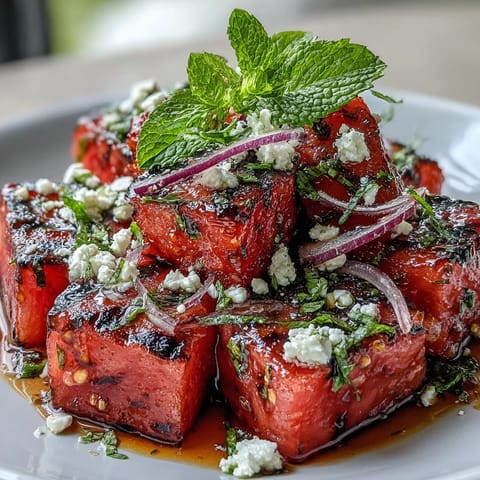 A colorful plate of Grilled Watermelon Salad with Feta and Mint, featuring smoky-sweet watermelon, tangy cheese, and bright green herbs.