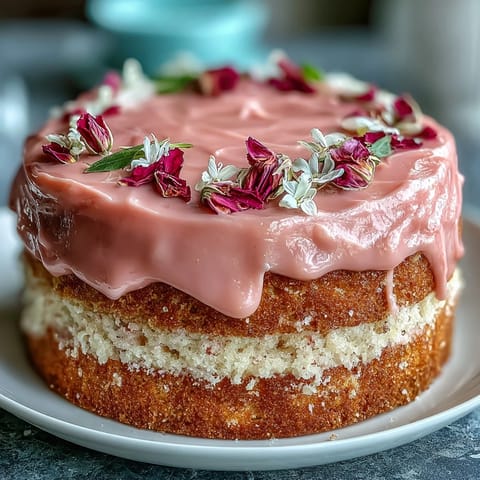 Beautiful Mother's Day cake with pink ombre buttercream and delicate edible flowers on a white cake stand.