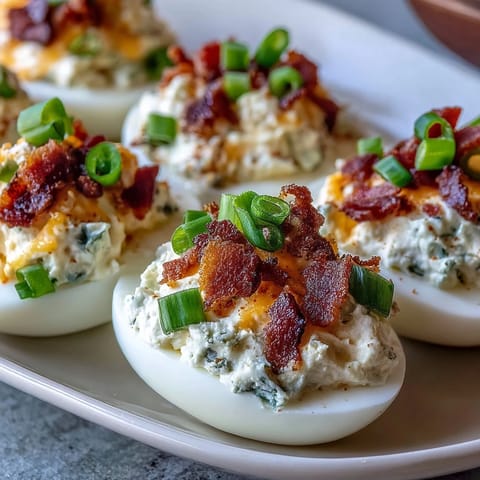 Spicy jalapeño popper deviled eggs with creamy filling and crispy bacon bits for a bold appetizer.  