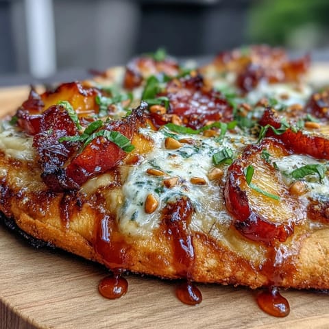 Grilled flatbread with juicy peaches, melted Brie, and smoky BBQ sauce, topped with fresh basil and arugula.