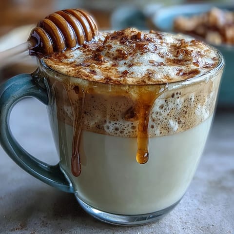 Steaming dandelion root latte, frothed oat milk, drizzled with honey.