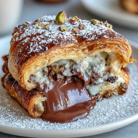 Golden brown Dubai chocolate pistachio croissant French toast, oozing melted chocolate.