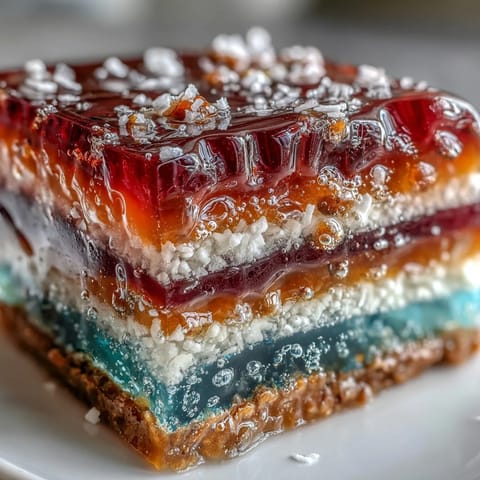 Vibrant Rainbow Jelly Cake sliced, showing silky layers topped with creamy coconut.