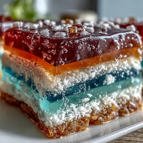 Beautifully layered Rainbow Jelly Cake dessert, glistening with coconut cream on top.