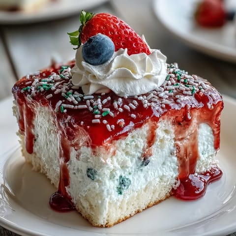 Red White and Blue Poke Cake, swirled with vibrant colors, perfect for summer holidays.