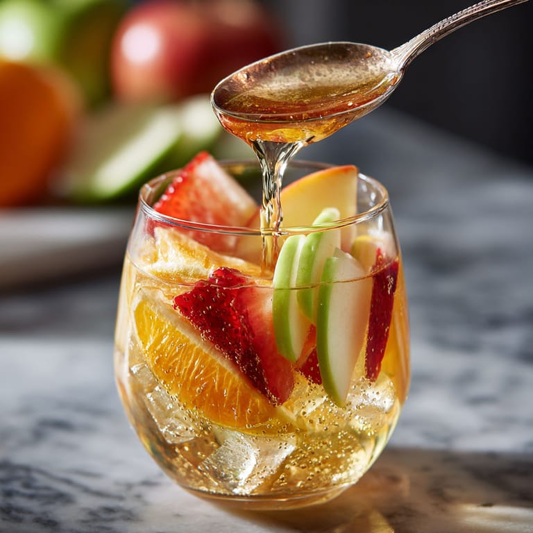 A glass of fruit juice with a spoon in it.