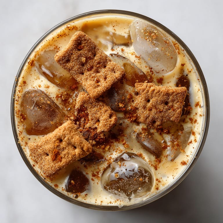 A glass of iced coffee with crumbled cookies on top.