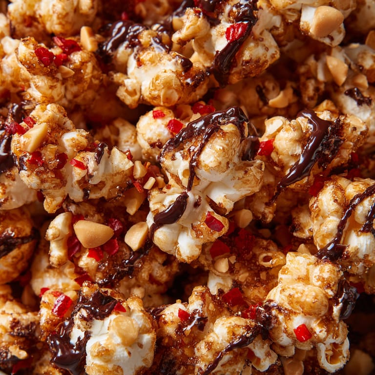 A close up of a bowl of popcorn with chocolate drizzled on top.