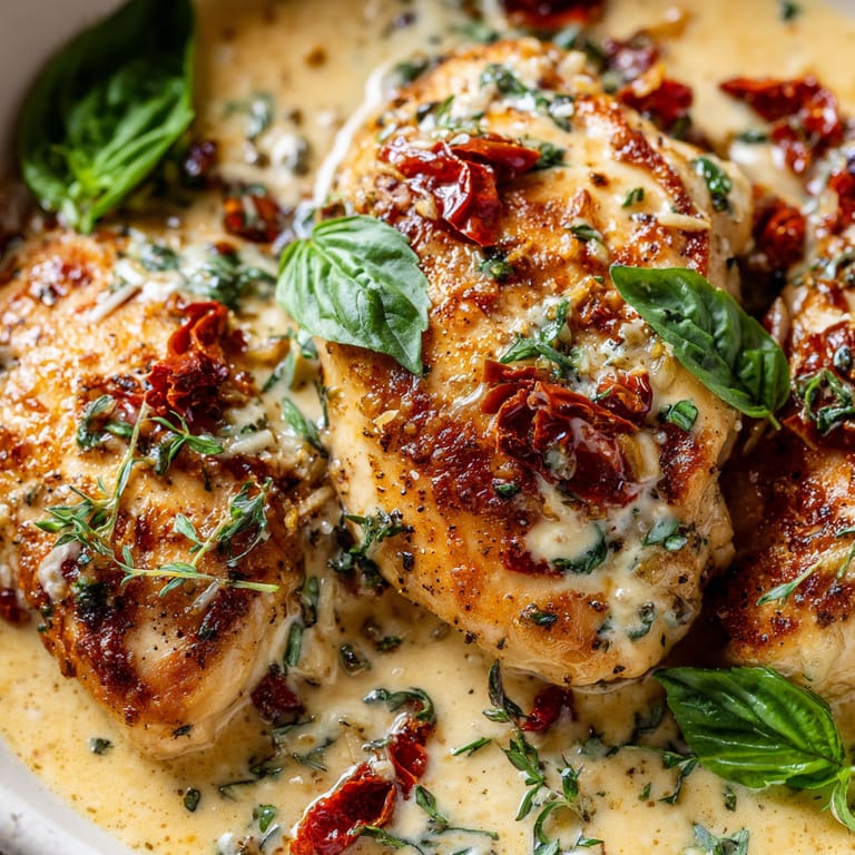 Chicken with sauce and herbs.
