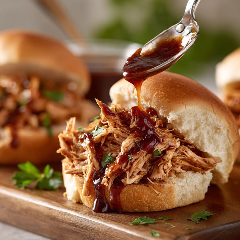 A BBQ Pulled Chicken sandwich with a spoonful of sauce.