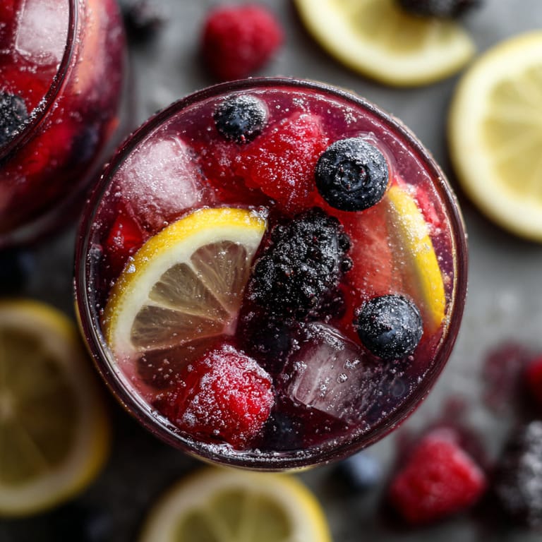 A glass of fruit juice with a lemon slice and blueberries.